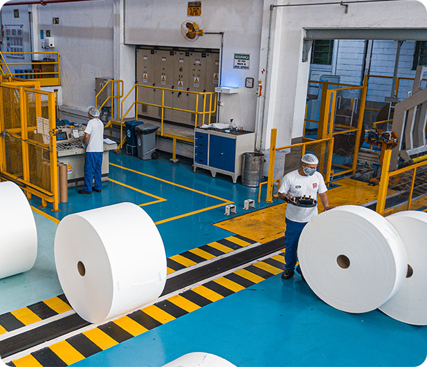 Pessoas manuseando Bobinas de papel na fábrica da Celupa